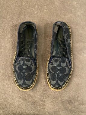 Coach Navy Logo Espadrille Flats with Natural Jute Trim